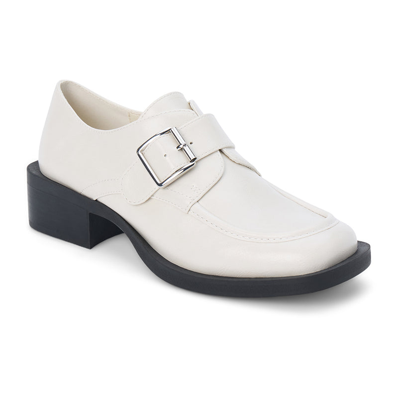 Hilary Loafer – Coconuts by Matisse – White faux leather loafer with oversized buckle and low block heel.