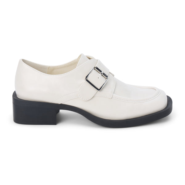 Hilary Loafer – Coconuts by Matisse – White faux leather loafer with oversized buckle and low block heel.