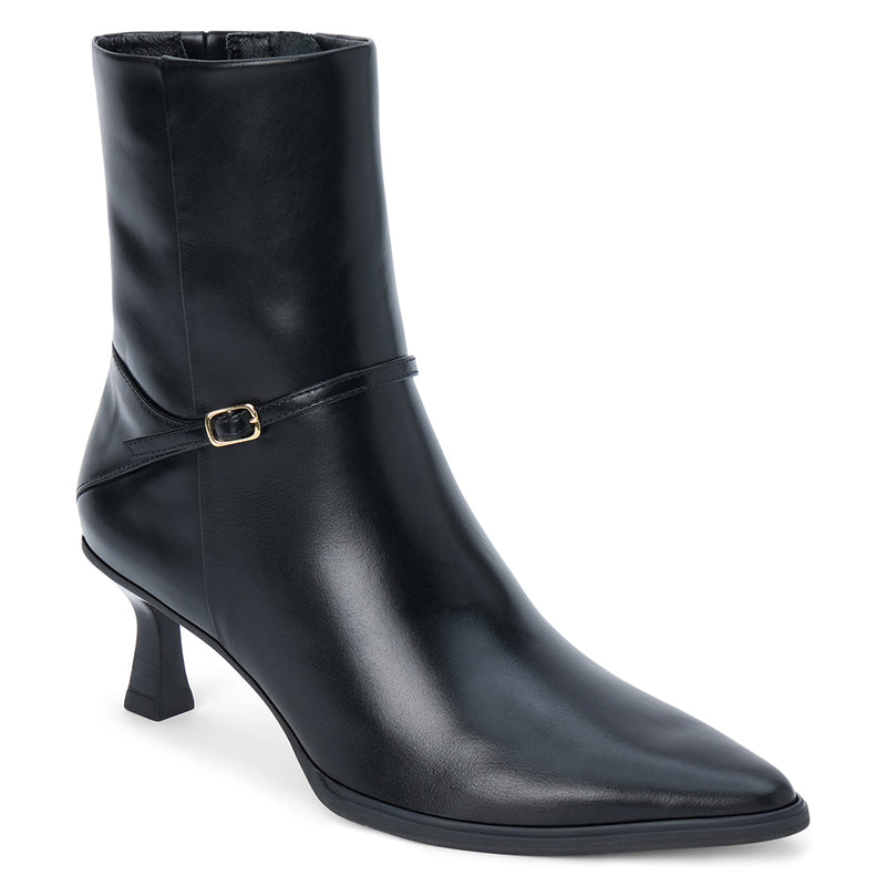 Ilana Ankle Boot – Matisse Footwear – Black pointed-toe ankle boot with kitten heel and delicate wraparound buckle strap.