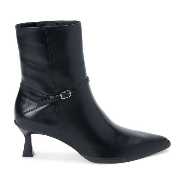 Ilana Ankle Boot – Matisse Footwear – Black pointed-toe ankle boot with kitten heel and delicate wraparound buckle strap.