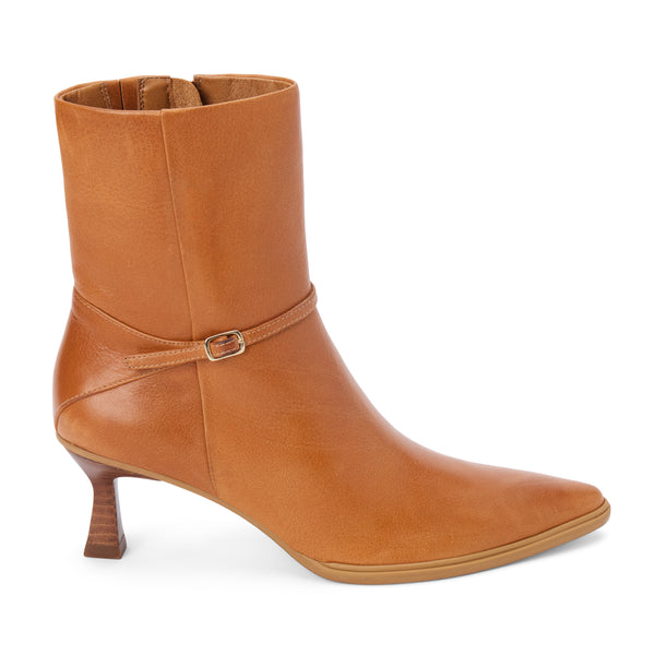 Ilana Ankle Boot – Matisse Footwear – Camel pointed-toe ankle boot with kitten heel and delicate wraparound buckle strap.