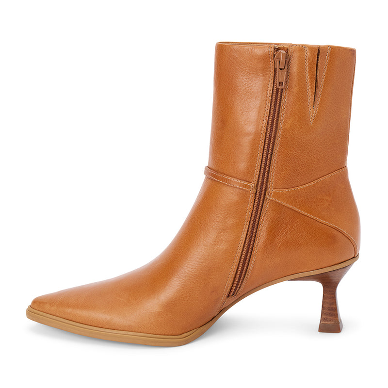 Ilana Ankle Boot – Matisse Footwear – Camel pointed-toe ankle boot with kitten heel and delicate wraparound buckle strap.