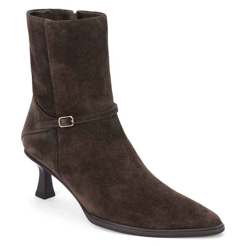 Ilana Ankle Boot – Matisse Footwear – Dark brown pointed-toe ankle boot with kitten heel and delicate wraparound buckle strap.