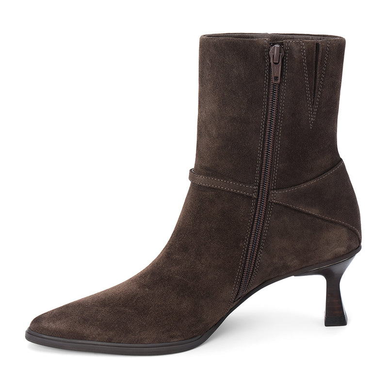 Ilana Ankle Boot – Matisse Footwear – Dark brown pointed-toe ankle boot with kitten heel and delicate wraparound buckle strap.