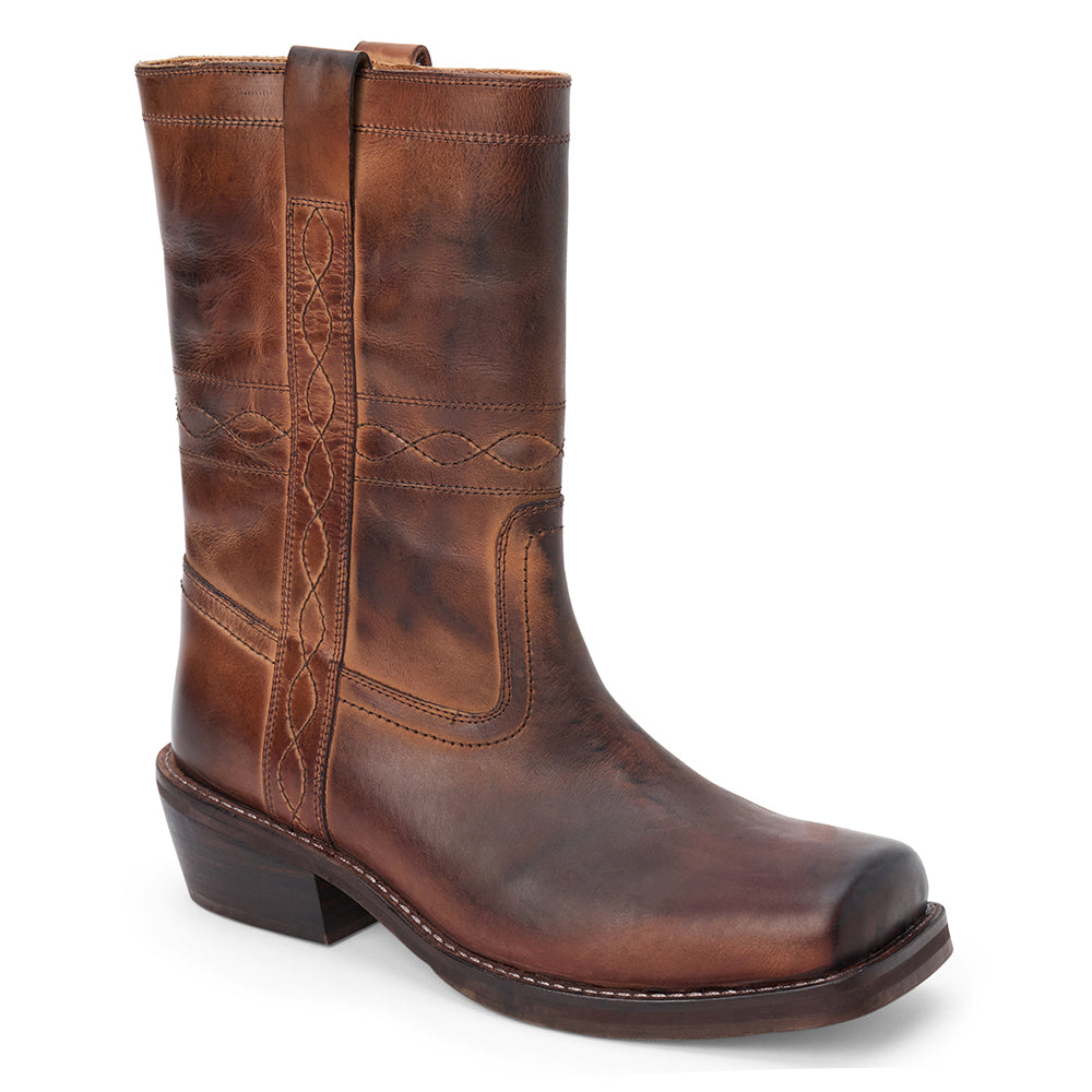 Brown leather mid-calf boot with western stitching, pull tab, and a low stacked heel, shown on a white background.