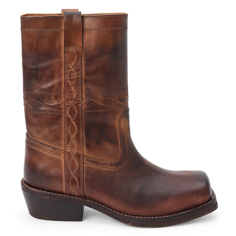 Brown leather mid-calf boot with western stitching, pull tab, and a low stacked heel, shown on a white background.