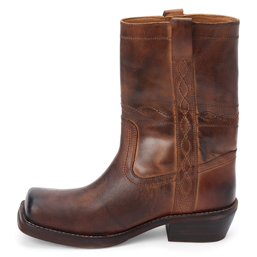 Brown leather mid-calf boot with western stitching, pull tab, and a low stacked heel, shown on a white background.