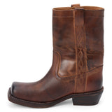 Brown leather mid-calf boot with western stitching, pull tab, and a low stacked heel, shown on a white background.