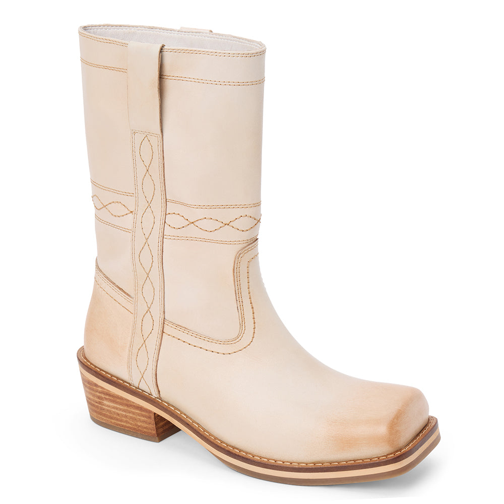 Ivory leather mid-calf boot with western stitching, pull tab, and a low stacked heel, shown on a white background.