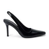Vegan black faux leather slingback heel with a pointed toe, slender high heel, and narrow back strap shown on a white background.