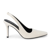 Vegan ivory textured faux leather slingback heel with a pointed toe, slender high heel, and narrow back strap shown on a white background.