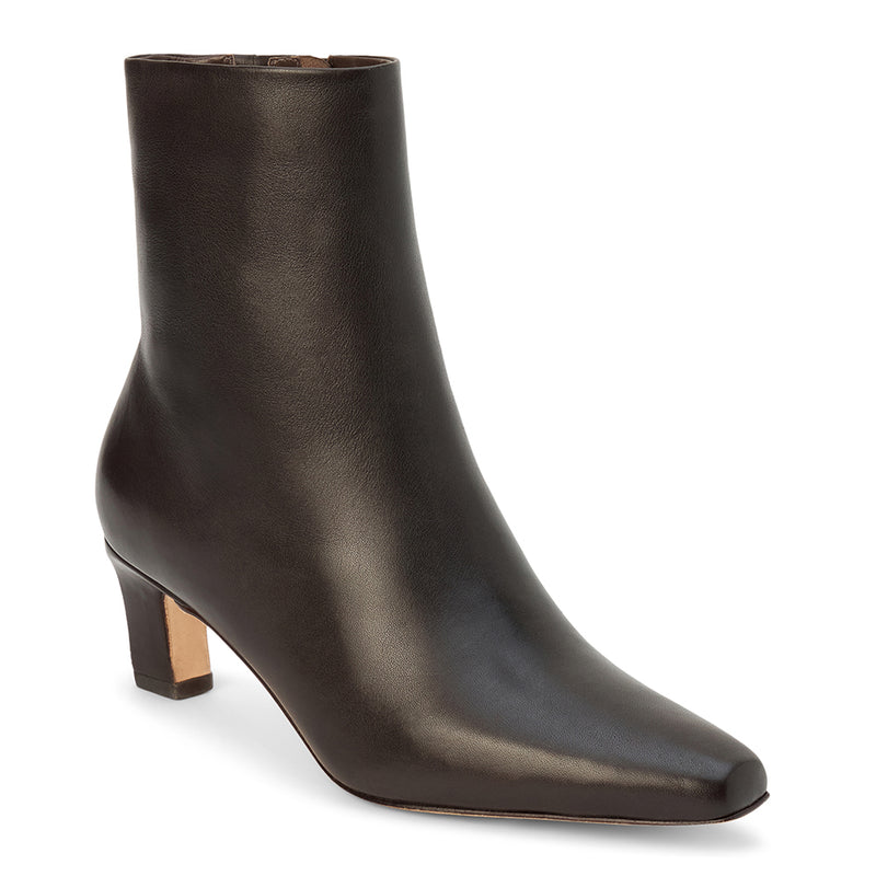 Jane Heeled Boot – Lenore by Matisse – Dark brown leather ankle boot with mid heel and sleek pointed toe silhouette.