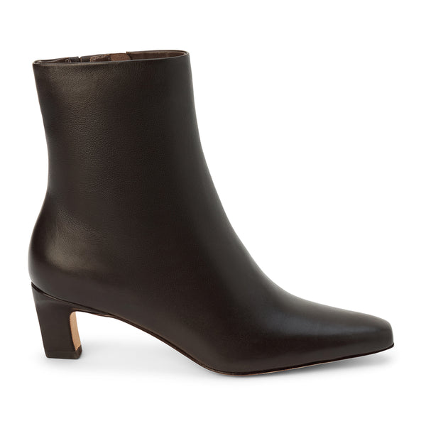 Jane Heeled Boot – Lenore by Matisse – Dark brown leather ankle boot with mid heel and sleek pointed toe silhouette.