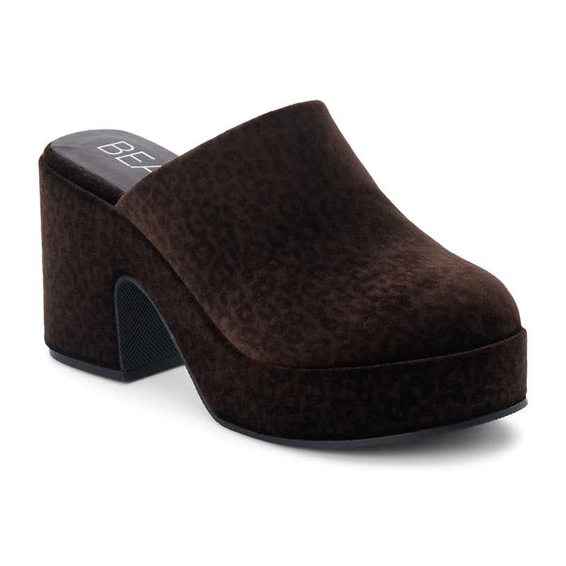 Jayde Vegan Platform Mule – Beach by Matisse – Dark brown leopard print slip-on mule with chunky block heel and curved platform sole.