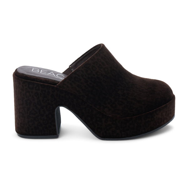 Jayde Vegan Platform Mule – Beach by Matisse – Dark brown leopard print slip-on mule with chunky block heel and curved platform sole.
