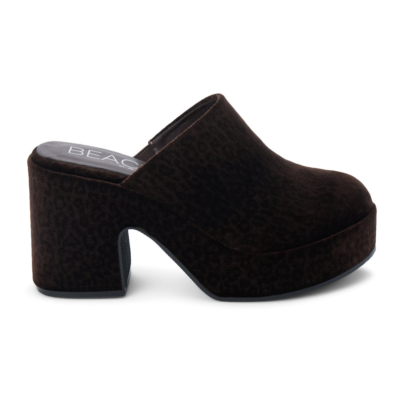 Jayde Vegan Platform Mule – Beach by Matisse – Dark brown leopard print slip-on mule with chunky block heel and curved platform sole.