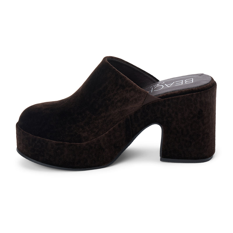 Jayde Vegan Platform Mule – Beach by Matisse – Dark brown leopard print slip-on mule with chunky block heel and curved platform sole.