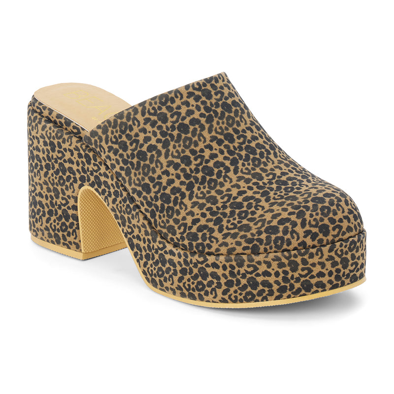 Jayde Vegan Platform Mule – Beach by Matisse – Leopard print slip-on mule with chunky block heel and curved platform sole.