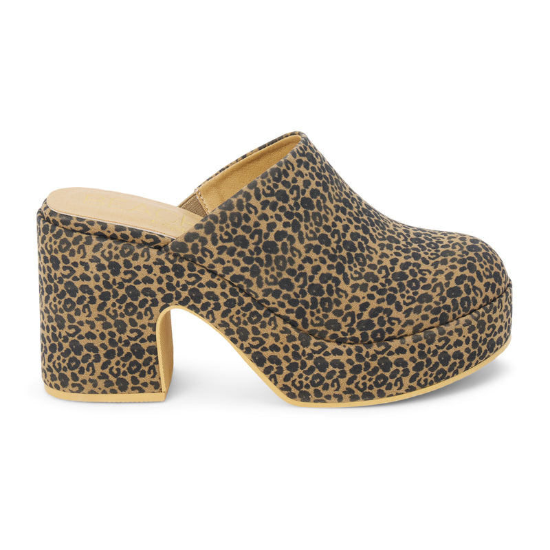 Jayde Vegan Platform Mule – Beach by Matisse – Leopard print slip-on mule with chunky block heel and curved platform sole.