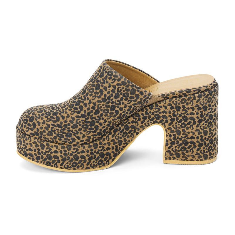 Jayde Vegan Platform Mule – Beach by Matisse – Leopard print slip-on mule with chunky block heel and curved platform sole.