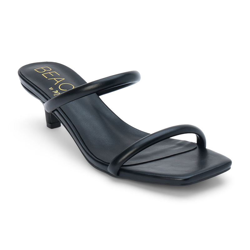 Jeanne Vegan Heeled Sandal – Beach by Matisse – Black double-strap sandal with low kitten heel and square toe.