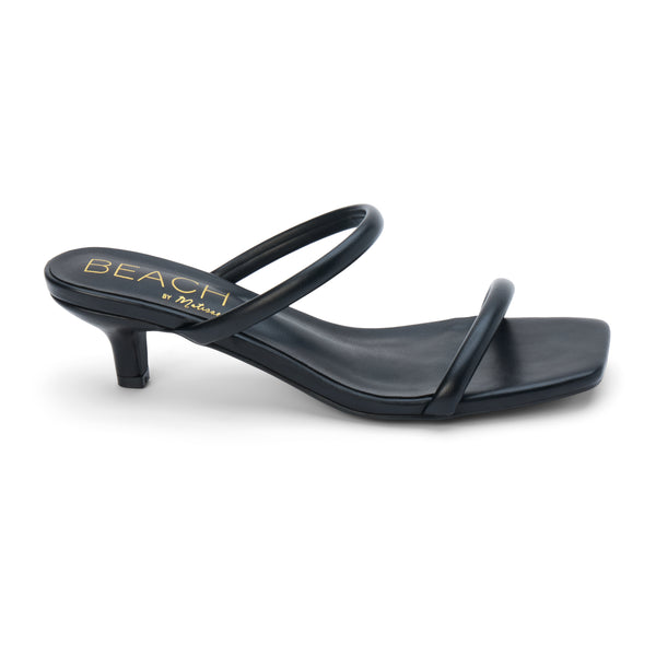 Jeanne Vegan Heeled Sandal – Beach by Matisse – Black double-strap sandal with low kitten heel and square toe.