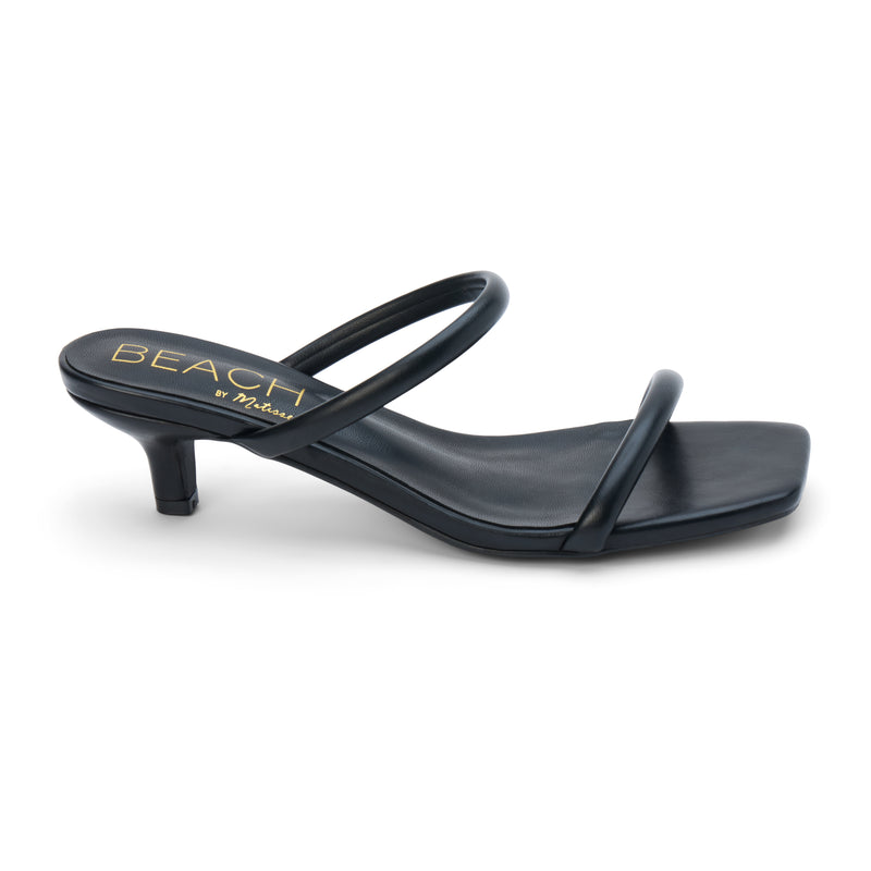 Jeanne Vegan Heeled Sandal – Beach by Matisse – Black double-strap sandal with low kitten heel and square toe.