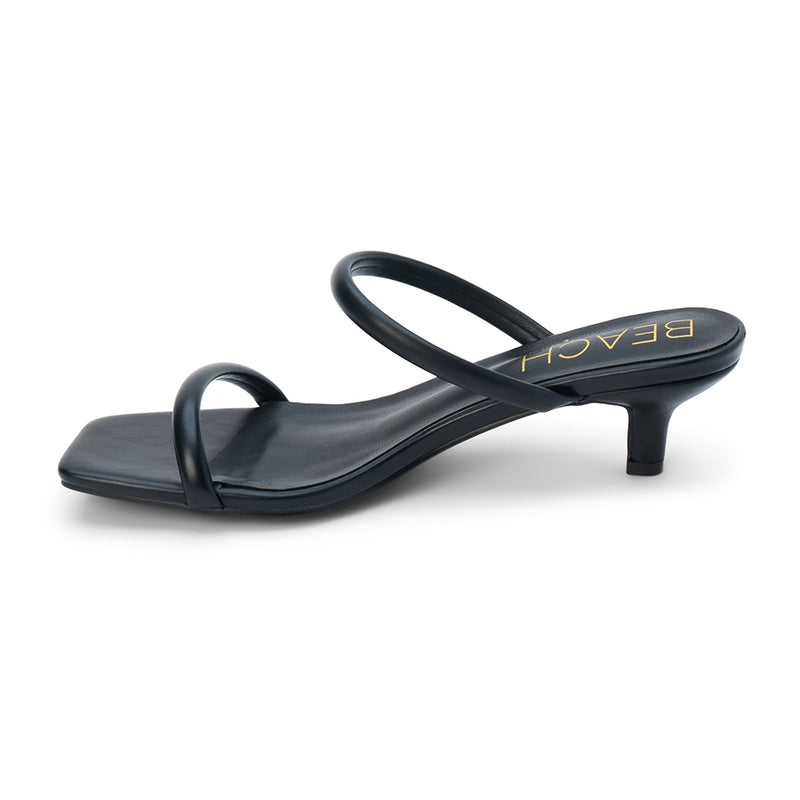 Jeanne Vegan Heeled Sandal – Beach by Matisse – Black double-strap sandal with low kitten heel and square toe.