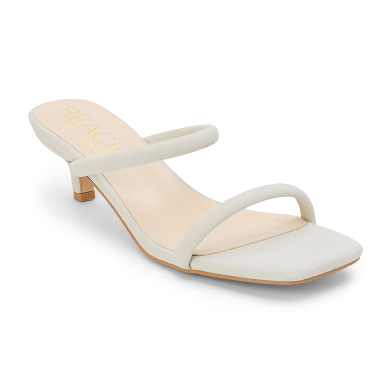 Jeanne Vegan Heeled Sandal – Beach by Matisse – Light beige double-strap sandal with low kitten heel and square toe.