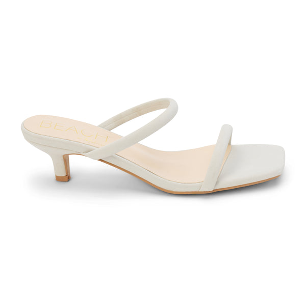 Jeanne Vegan Heeled Sandal – Beach by Matisse – Light beige double-strap sandal with low kitten heel and square toe.