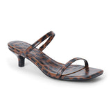 Vegan brown and black leopard-print faux leather sandal with slim straps, a square toe, and low kitten heel shown on a white background.