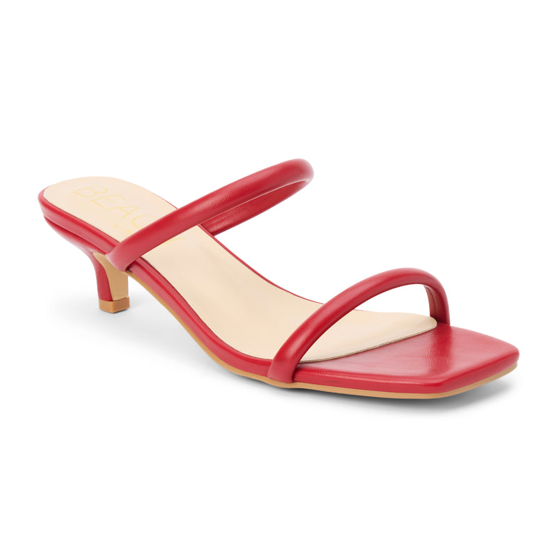 Jeanne Vegan Heeled Sandal – Beach by Matisse – Red double-strap sandal with low kitten heel and square toe.
