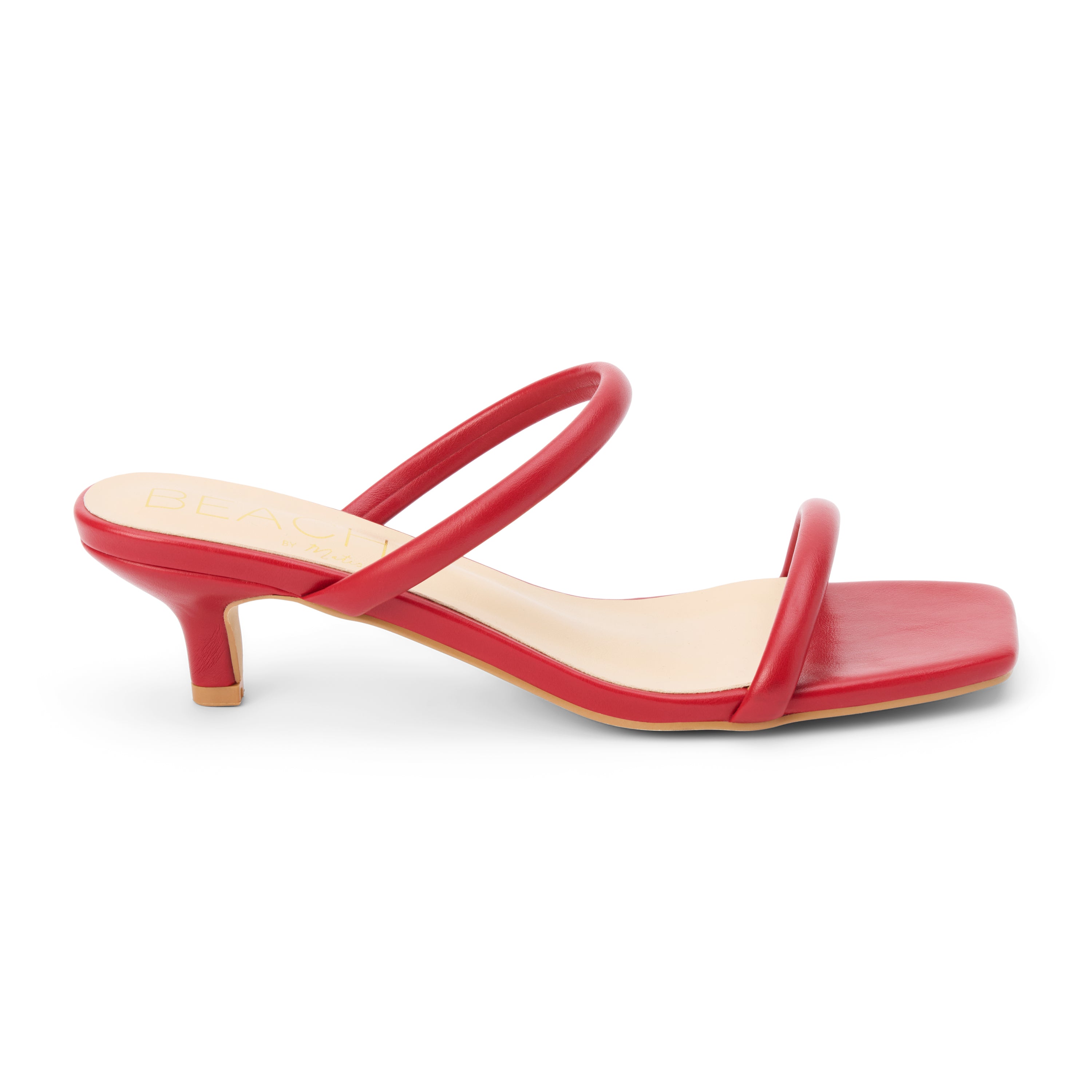 Jeanne Vegan Heeled Sandal – Beach by Matisse – Red double-strap sandal with low kitten heel and square toe.