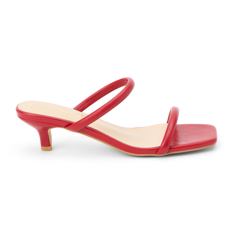 Jeanne Vegan Heeled Sandal – Beach by Matisse – Red double-strap sandal with low kitten heel and square toe.