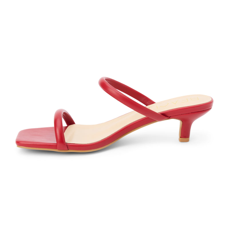 Jeanne Vegan Heeled Sandal – Beach by Matisse – Red double-strap sandal with low kitten heel and square toe.