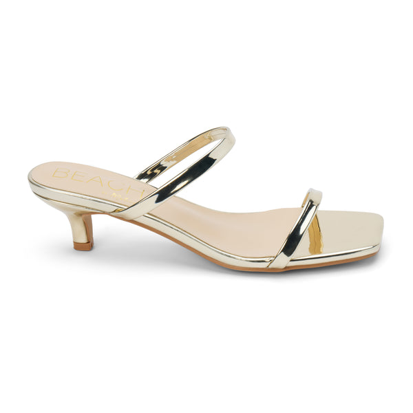 Jeanne Vegan Heeled Sandal – Beach by Matisse – Gold double-strap sandal with low kitten heel and square toe.