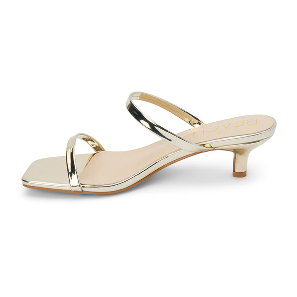 Jeanne Vegan Heeled Sandal – Beach by Matisse – Gold double-strap sandal with low kitten heel and square toe.
