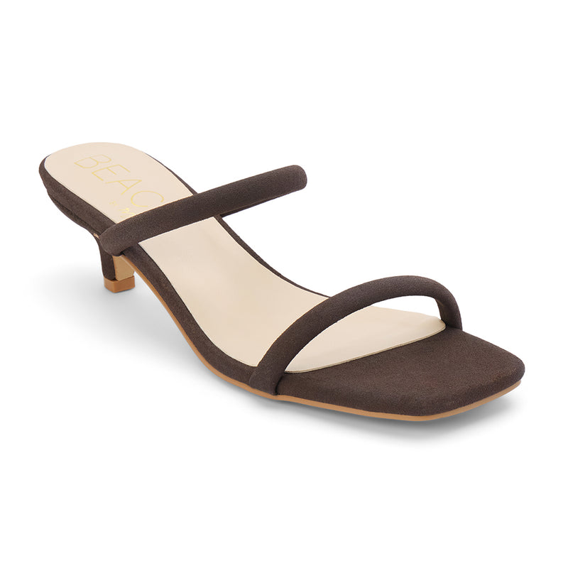 Jeanne Vegan Heeled Sandal – Beach by Matisse – Dark brown double-strap sandal with low kitten heel and square toe.