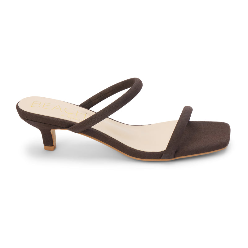 Jeanne Vegan Heeled Sandal – Beach by Matisse – Dark brown double-strap sandal with low kitten heel and square toe.