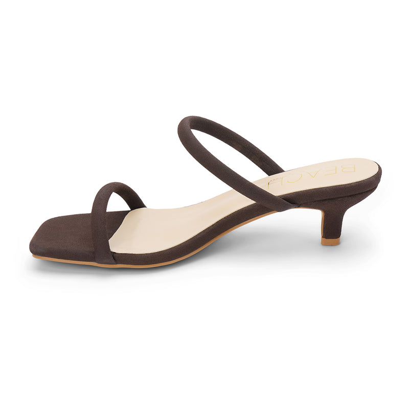Jeanne Vegan Heeled Sandal – Beach by Matisse – Dark brown double-strap sandal with low kitten heel and square toe.
