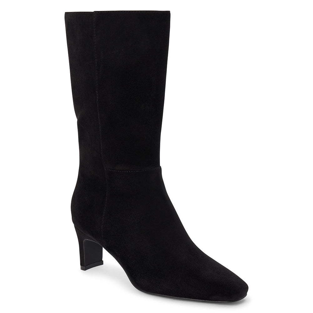 Vegan black faux suede mid-calf boot with a streamlined shaft, square toe, tonal stitching, and slim heel shown on a white background.