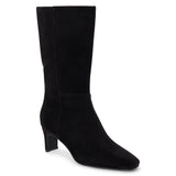Vegan black faux suede mid-calf boot with a streamlined shaft, square toe, tonal stitching, and slim heel shown on a white background.