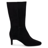 Vegan black faux suede mid-calf boot with a streamlined shaft, square toe, tonal stitching, and slim heel shown on a white background.