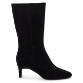 Vegan black faux suede mid-calf boot with a streamlined shaft, square toe, tonal stitching, and slim heel shown on a white background.