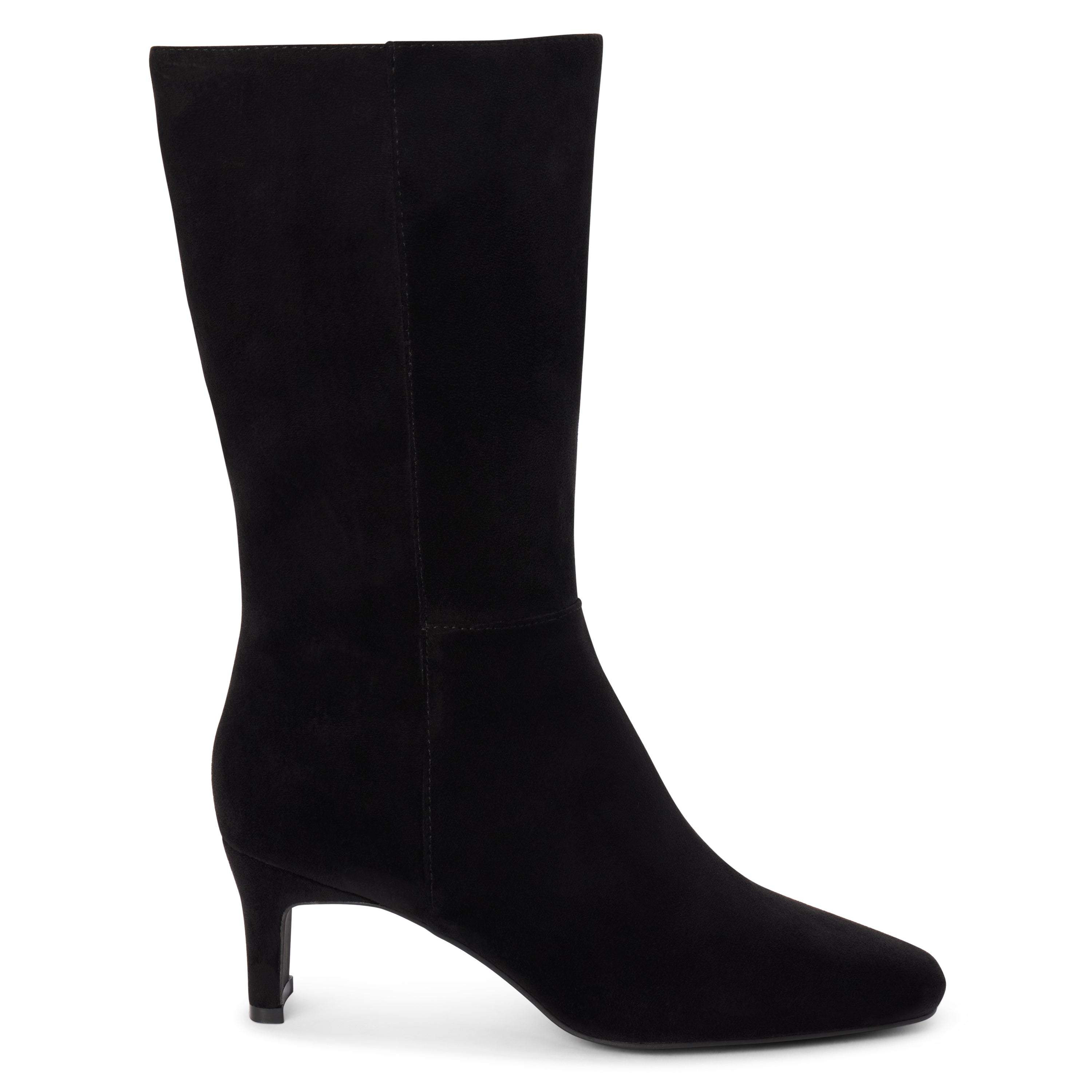Vegan black faux suede mid-calf boot with a streamlined shaft, square toe, tonal stitching, and slim heel shown on a white background.