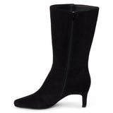 Vegan black faux suede mid-calf boot with a streamlined shaft, square toe, tonal stitching, and slim heel shown on a white background.