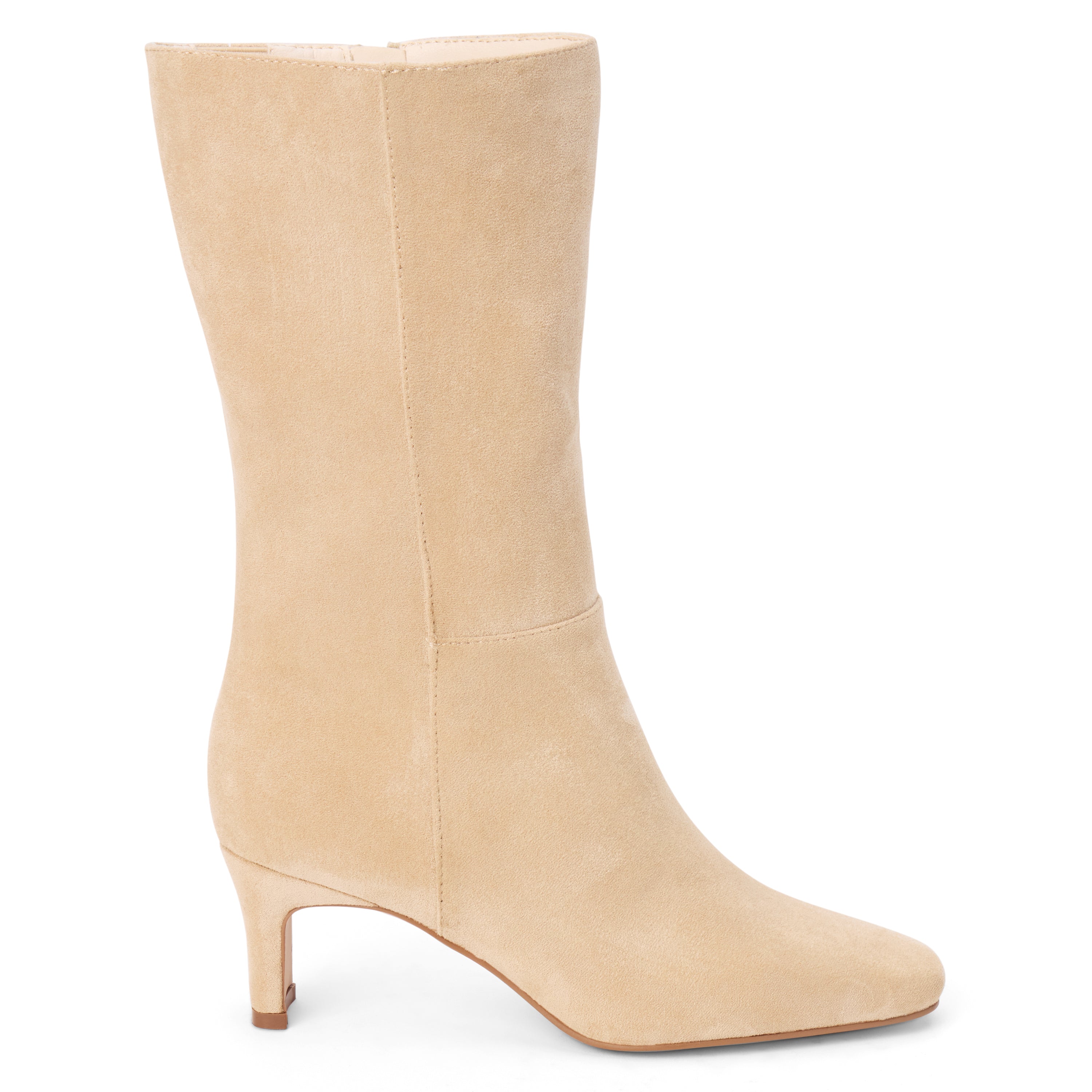 Vegan tan faux suede mid-calf boot with a streamlined shaft, square toe, tonal stitching, and slim heel shown on a white background.