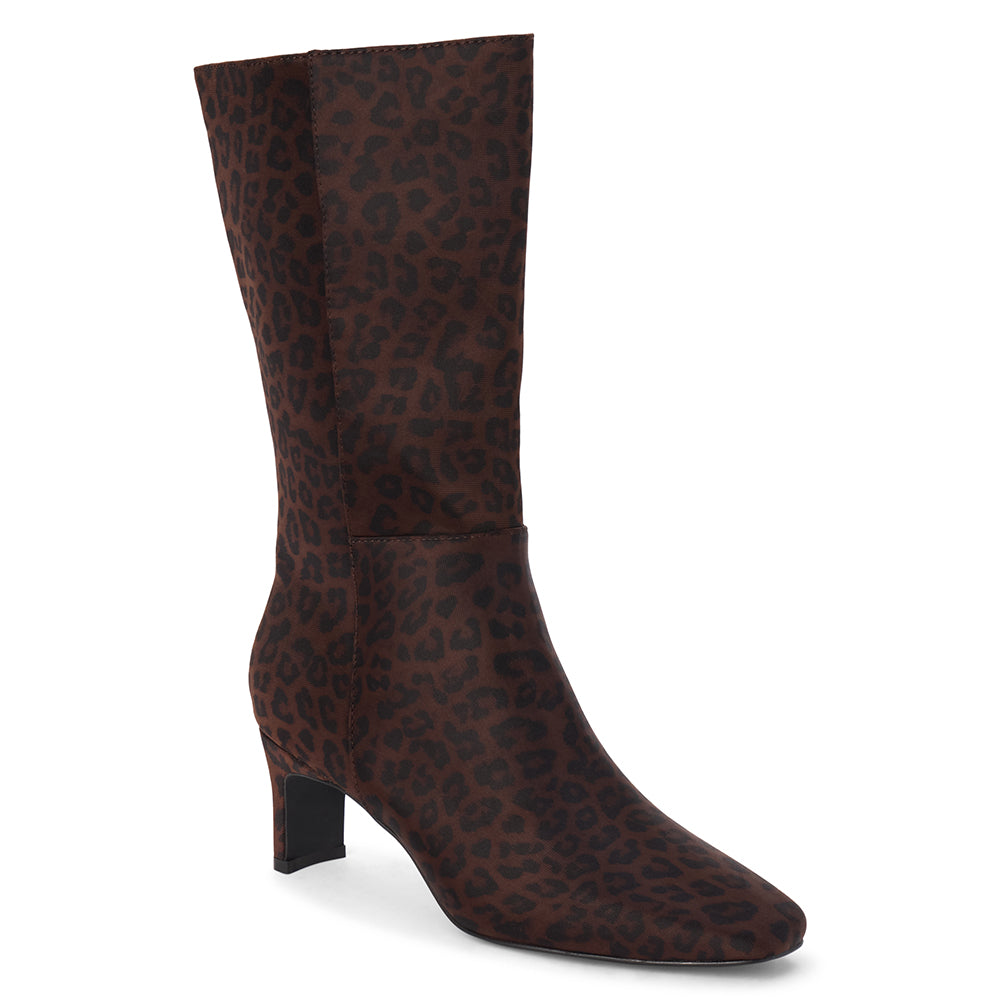 Vegan brown faux suede mid-calf boot with black leopard print, a streamlined shaft, square toe, and slim heel shown on a white background.