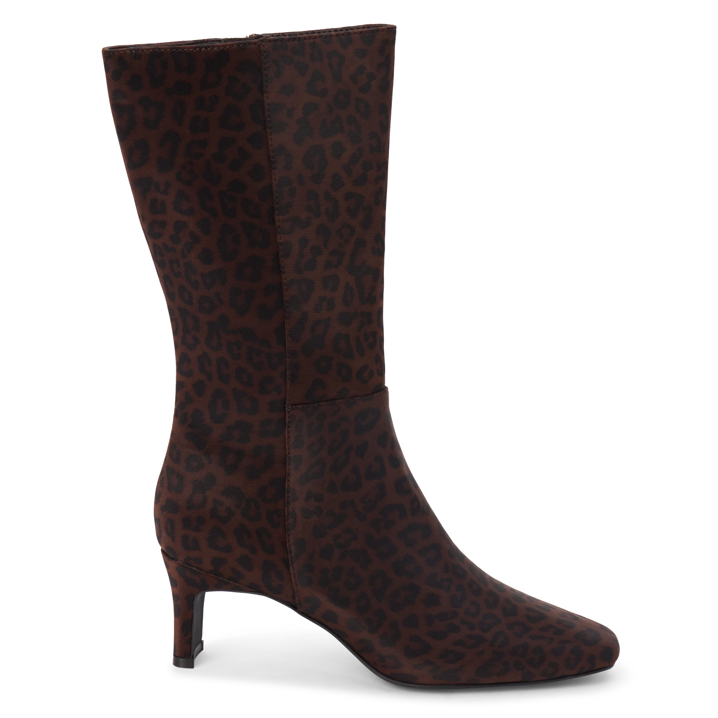 Vegan brown faux suede mid-calf boot with black leopard print, a streamlined shaft, square toe, and slim heel shown on a white background.