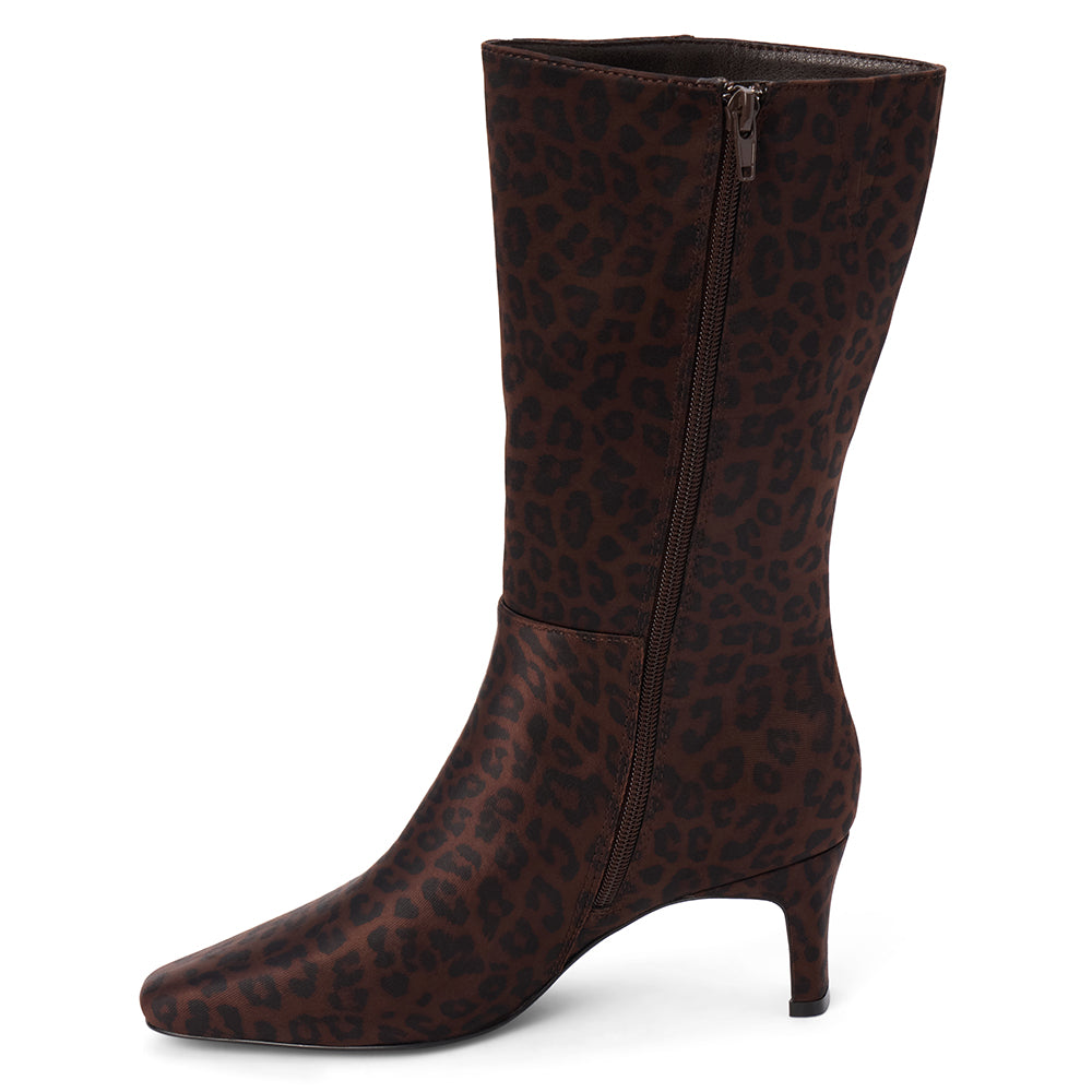 Vegan brown faux suede mid-calf boot with black leopard print, a streamlined shaft, square toe, and slim heel shown on a white background.